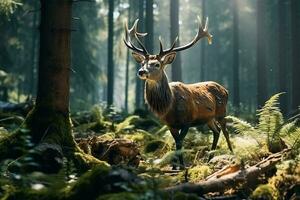 majestoso vermelho veado veado dentro a floresta. lindo selvagem veado dentro a floresta. animais selvagens cena a partir de natureza. ai gerado pró foto