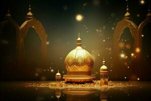 3d ilustração do eid Mubarak fundo com mesquita e dourado lanternas. ai gerado pró foto