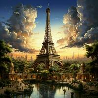 eiffel torre dentro Paris, França às pôr do sol. 3d Renderização. ai gerado pró foto
