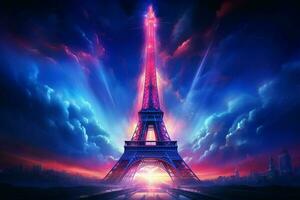 eiffel torre dentro néon estilo em a fundo do a noite céu, eiffel torre às noite dentro Paris, França. ai gerado pró foto