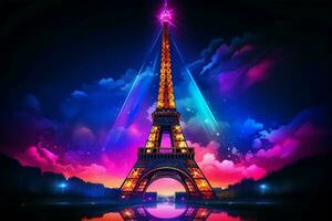eiffel torre dentro néon estilo em a fundo do a noite céu, eiffel torre às noite dentro Paris, França. ai gerado pró foto
