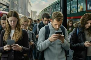 grupo do jovem pessoas usando seus smartphones dentro a rua. urbano cena. ai gerado pró foto