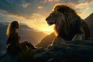 leão e mulher em a topo do a montanha às pôr do sol. ai gerado pró foto