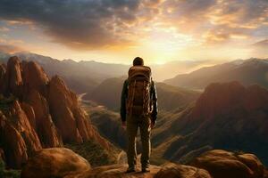 caminhada mulher com mochila em pé em topo do uma montanha e olhando às a pôr do sol. ai gerado pró foto