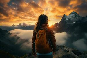 caminhada mulher com mochila em pé em topo do uma montanha e olhando às a pôr do sol. ai gerado pró foto