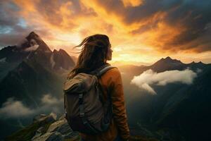 caminhada mulher com mochila em pé em topo do uma montanha e olhando às a pôr do sol. ai gerado pró foto