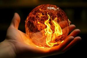 fechar acima do humano mãos segurando queimando terra planeta. global aquecimento conceito. ai gerado pró foto