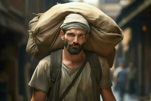 retrato do uma jovem dia trabalhador carregando uma pesado saco em dele cabeça. ai gerado pró foto