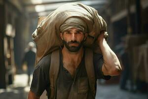 retrato do uma jovem dia trabalhador carregando uma pesado saco em dele cabeça. ai gerado pró foto