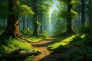 fantasia floresta com velho árvores e escadaria. fresco verde floresta com pedras e árvores ai gerado pró foto