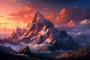 fantasia panorama com montanhas e nuvens. 3d ilustração. digital pintura. ai gerado pró foto
