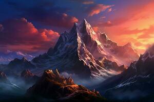 fantasia panorama com montanhas e nuvens. 3d ilustração. digital pintura. ai gerado pró foto