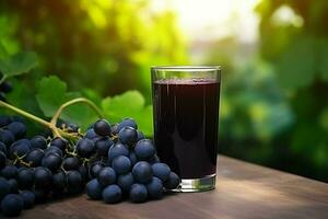 vidro do vermelho vinho com uvas em uma de madeira mesa dentro a Vinhedo. ai gerado pró foto