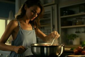 lindo jovem mulher cozinhando dentro a cozinha às lar. saudável Comida conceito. ai gerado pró foto