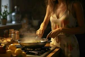 lindo jovem mulher cozinhando dentro a cozinha às lar. saudável Comida conceito. ai gerado pró foto