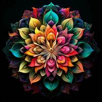 lindo mandala flor, colorida fractal mandala em Preto fundo. psicodélico digital arte. 3d Renderização. ai gerado pró foto
