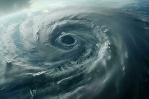 fantástico Visão do a mar a partir de uma avião. dramático cena. aéreo Visão do azul céu e nuvens com tornado. 3d renderizar. ai gerado pró foto