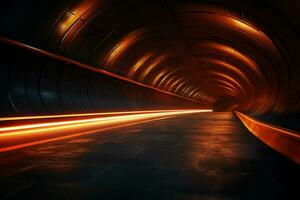 futurista túnel com luz trilhas às noite, grandes exposição foto ocupado dentro uma túnel. ai gerado livre foto