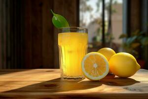 limão suco dentro uma vidro com fresco limões em uma de madeira mesa. ai gerado livre foto