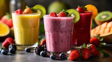 conjunto do fruta batidos, saudável fruta e vegetal smoothies.generativo ai. foto