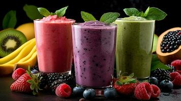 conjunto do fruta batidos, saudável fruta e vegetal smoothies.generativo ai. foto