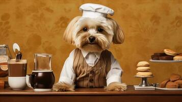 cachorro vestido barista servindo café dentro a café loja.generativa ai. foto