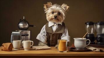 cachorro vestido barista servindo café dentro a café loja.generativa ai. foto