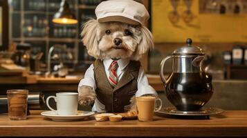 cachorro vestido barista servindo café dentro a café loja.generativa ai. foto