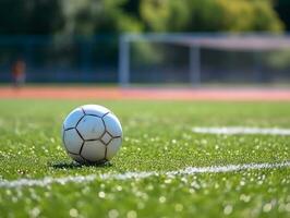 foco em a futebol bola dentro a Centro do a futebol campo.generativo ai. foto