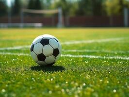 foco em a futebol bola dentro a Centro do a futebol campo.generativo ai. foto