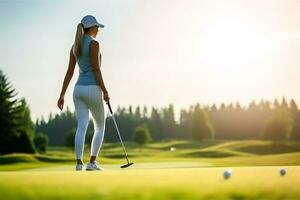 jogador de golfe jogando golfe em a curso com azul céu.generativo ai. foto