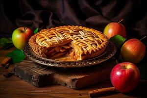 maçã torta em madeira.generativo ai. foto