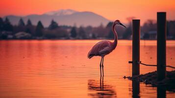 flamingo em rio com pôr do sol montanha background.generative ai. foto