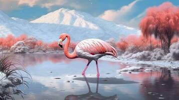 flamingo em neve com montanha background.generative ai. foto