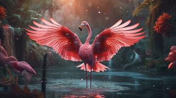 Rosa flamingo lindo dentro a fantasia floresta.generativa ai. foto