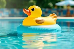 borracha anel Pato em forma flutuador dentro uma piscina.generativa ai. foto
