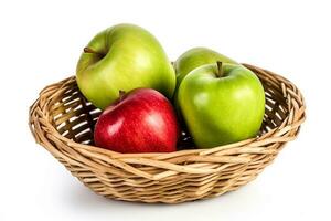 verde maçã e vermelho maçã dentro vime cesta isolado em branco background.generative ai. foto