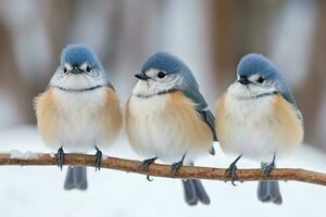 titmouse pássaros em ramo com neve inverno.generativo ai. foto