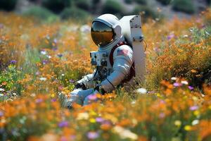 astronauta em campo com colorida flor.generativa ai. foto