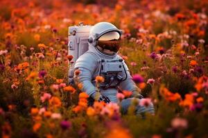 astronauta em campo com colorida flor.generativa ai. foto