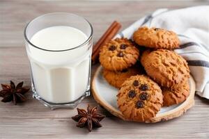 leite com biscoitos em branco de madeira background.generative ai. foto