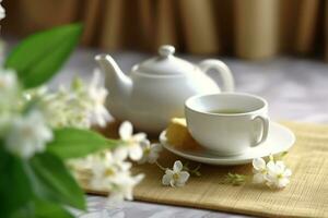 verde chá com jasmim flor e branco cerâmico bule.generativo ai. foto