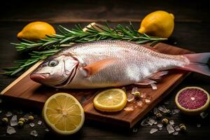 cru fresco peixe com limão fatias e alecrim em de madeira cozinha fundo foto