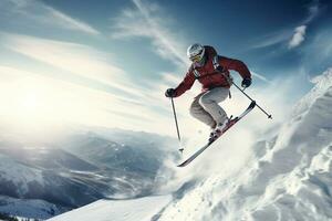 atleta esquiador pulando através neve montanha foto
