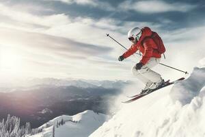 atleta esquiador pulando através neve montanha foto