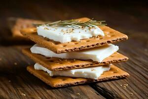 biscoitos com creme queijo ,hortelã folha dentro a de madeira fundo foto