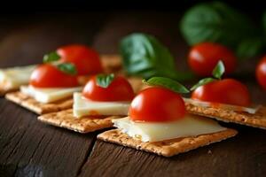 biscoitos com queijo ,tomate dentro a de madeira fundo foto