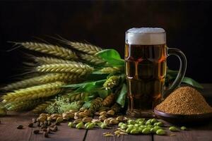 Cerveja com orelhas do trigo em de madeira fundo foto