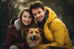 feliz família com cachorro foto