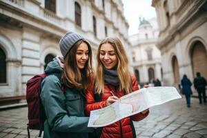 dois amigos estão olhando às a mapa em a rua foto